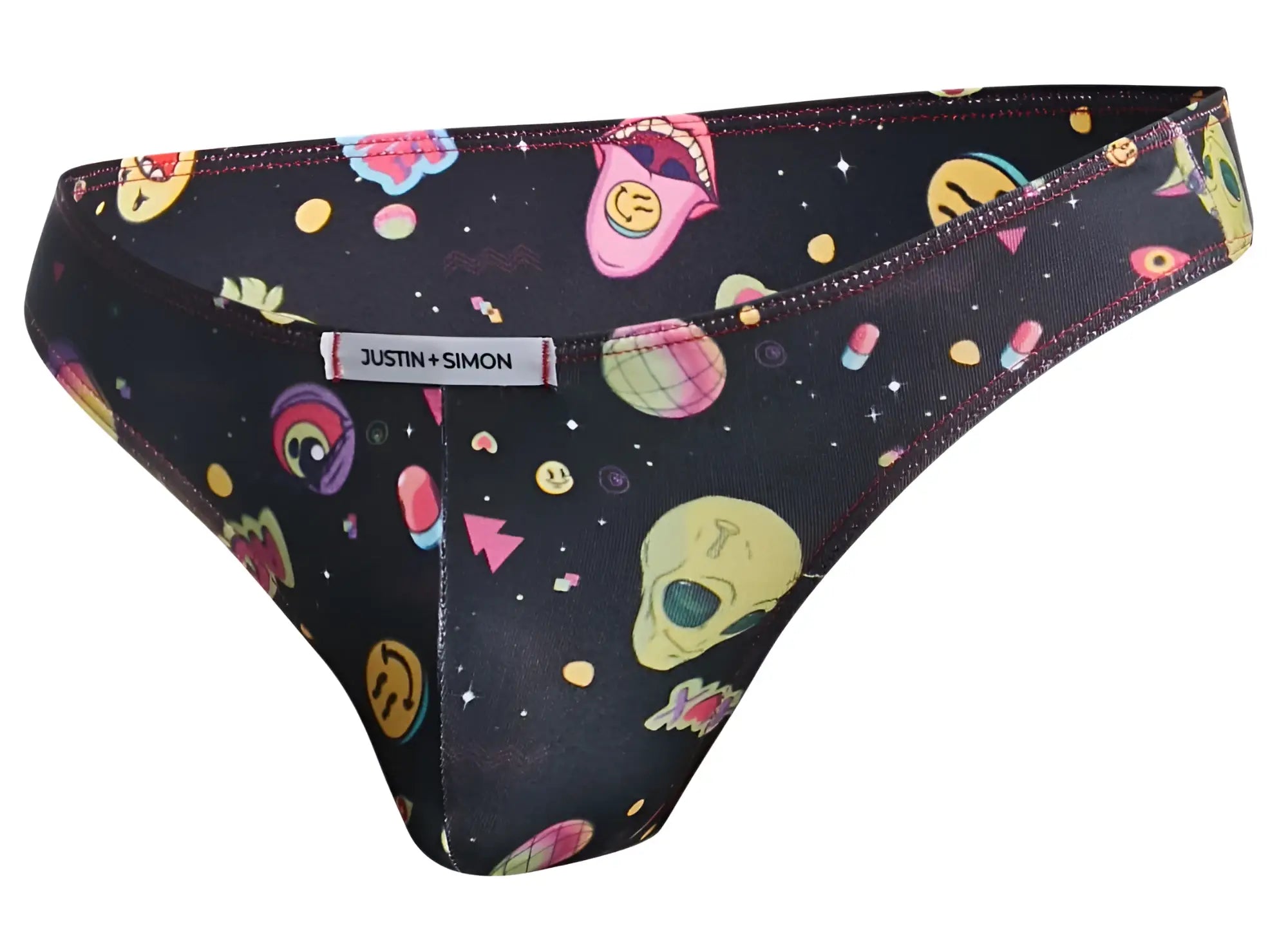 Black justin simon xsj01 classic bikini thong with vibrant cosmic pattern featuring colorful alien faces and skulls