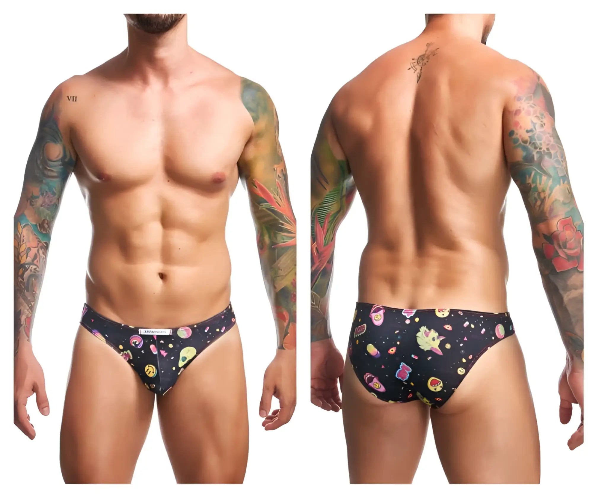 Justin+simon xsj01 classic bikini black men’s briefs with vibrant space-themed pattern featuring colorful aliens and planets