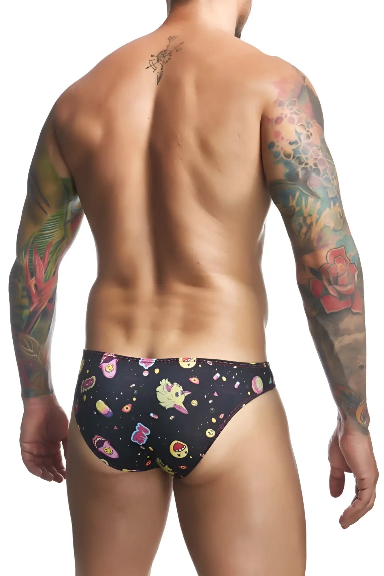 Black justin+simon xsj01 classic bikini swim trunks with colorful psychedelic cartoon space-themed pattern