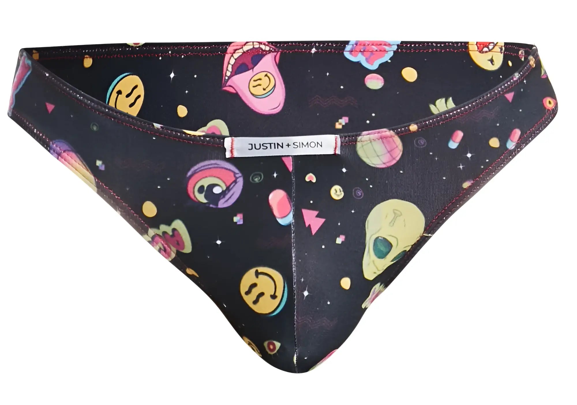 Black bikini bottom justin simon xsj01 classic with vibrant retro space pattern of smiling faces skulls planets stars