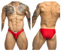 Red athletic briefs with a small white brand tag on the waistband from JUSTIN+SIMON XSJ01 classic bikini collection