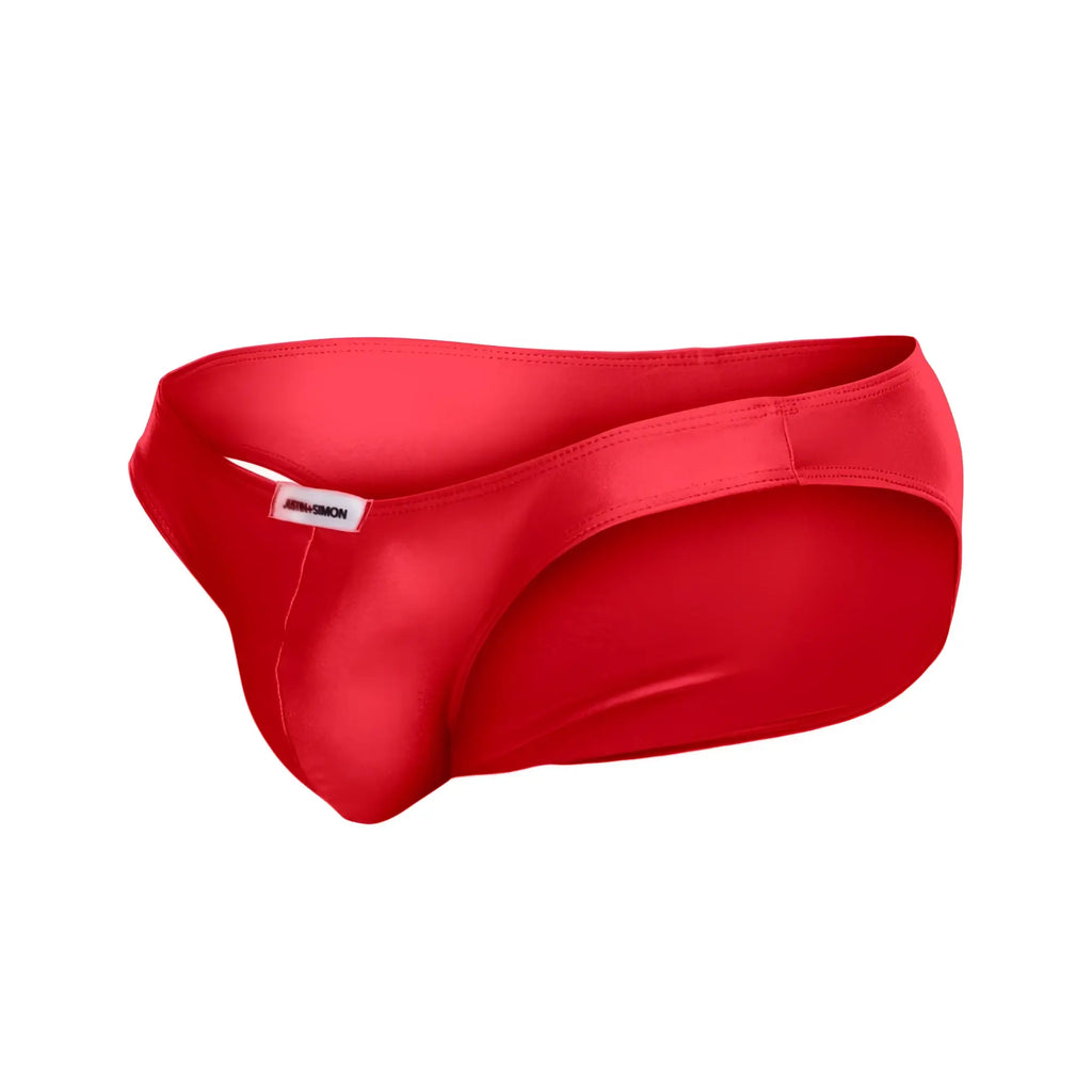Vibrant red satin classic bikini briefs by justin simon xsj01 with sleek form fitting design and subtle brand tag on waistband