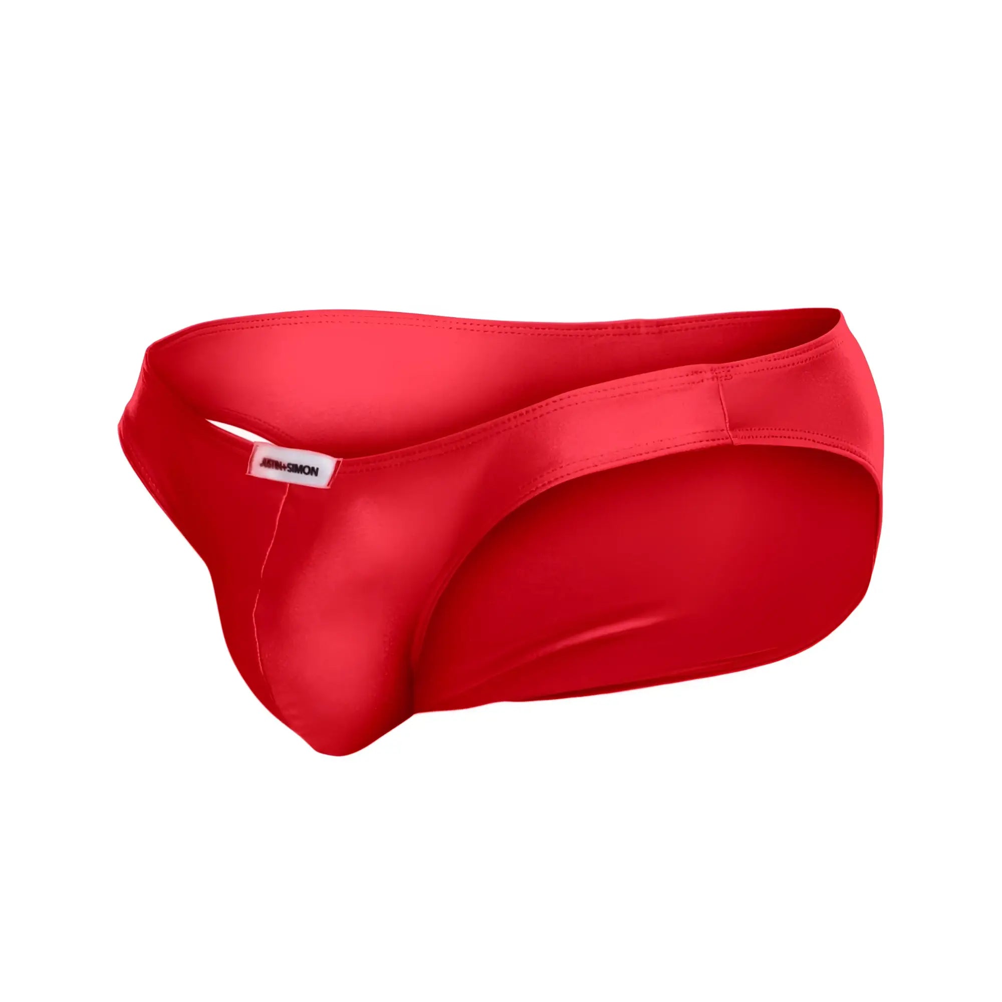 Vibrant red satin classic bikini briefs by justin simon xsj01 with sleek form fitting design and subtle brand tag on waistband