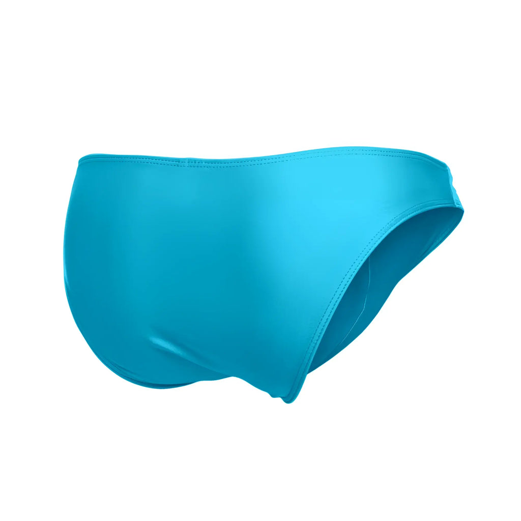 Justin Simon XSJ01 classic bikini swim trunks in solid turquoise with a smooth satin-like finish and clean stitching