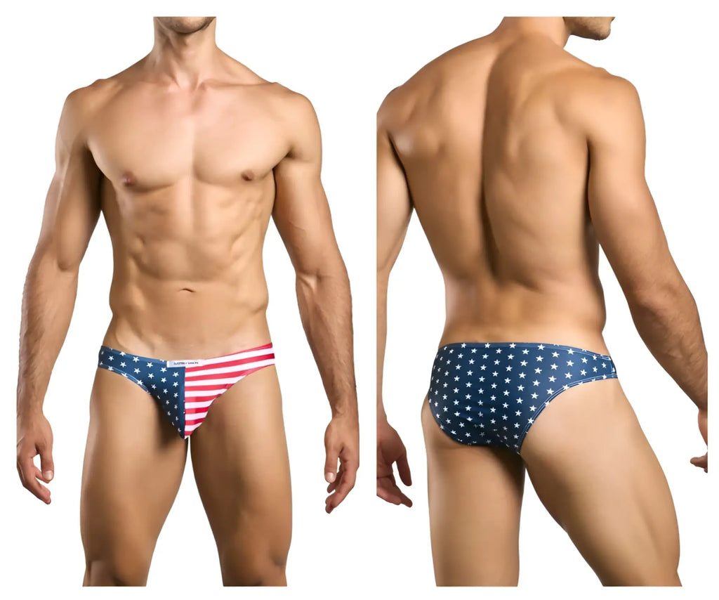 Back side of justin simon xsj01 classic bikini swim trunks with blue red usa flag pattern and white stars