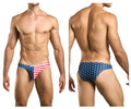 Back side of justin simon xsj01 classic bikini swim trunks with blue red usa flag pattern and white stars