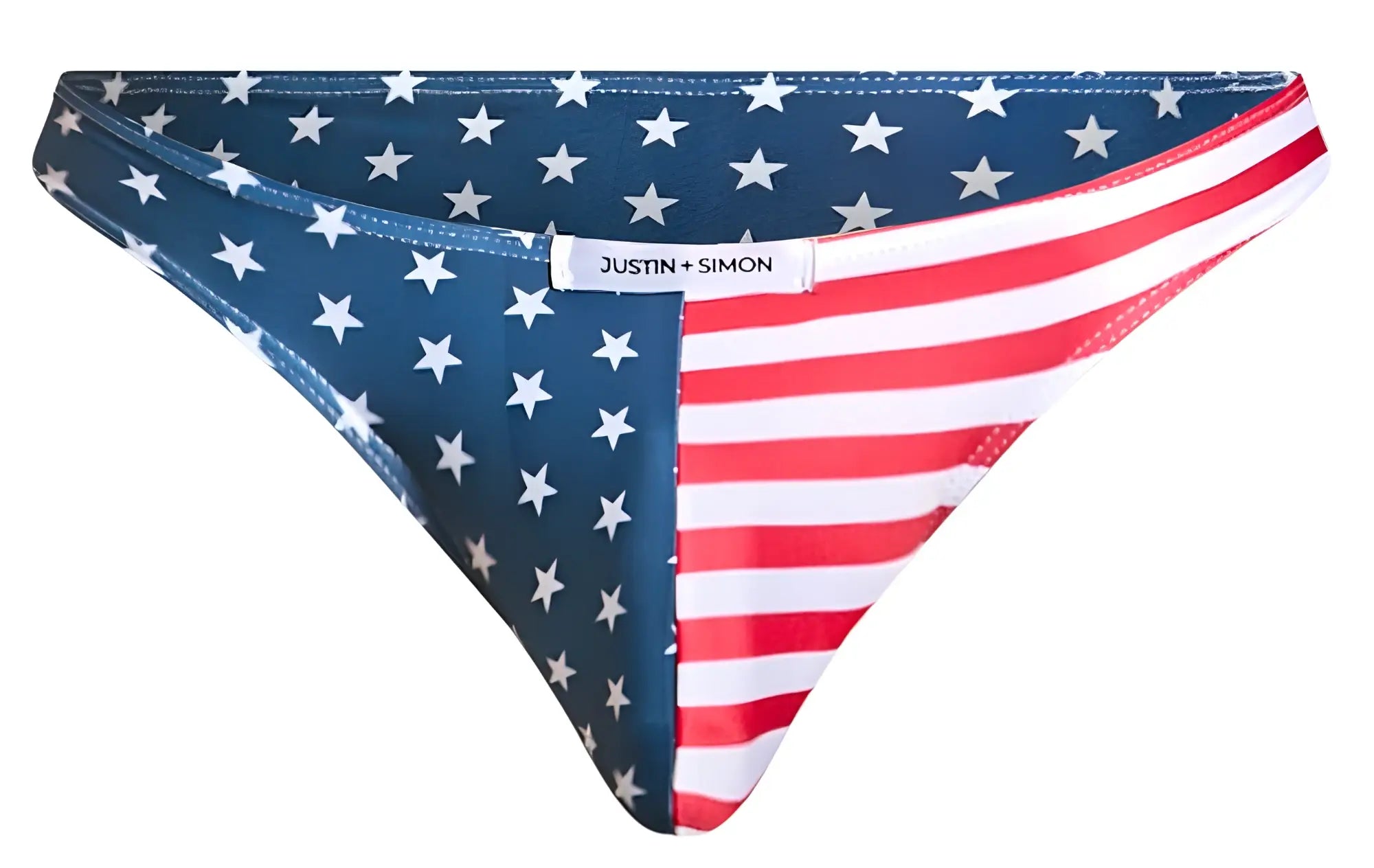 Blue and red american flag-patterned thong by justin and simon classic bikini color usa flag front view