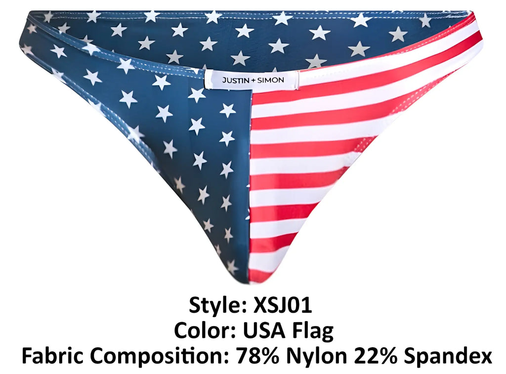 Justin simon usa flag bikini bottom with navy blue stars and red white stripes made of 78 nylon 22 spandex