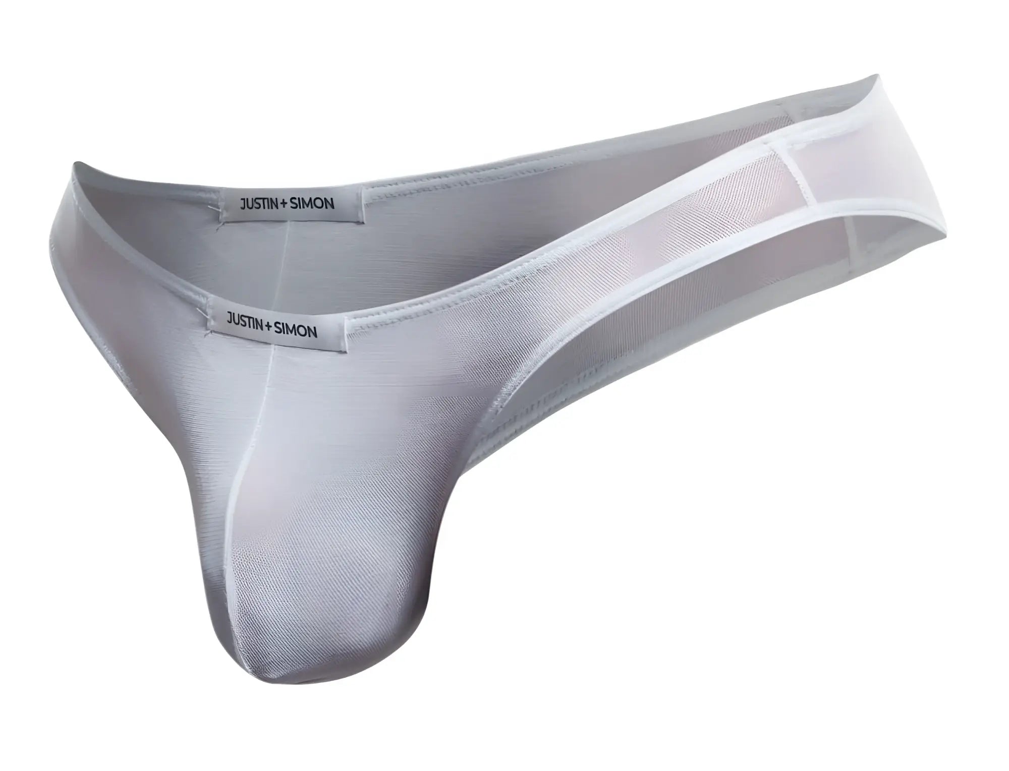 Silver mesh thong by justin simon in classic bikini style color white mesh showing the front side