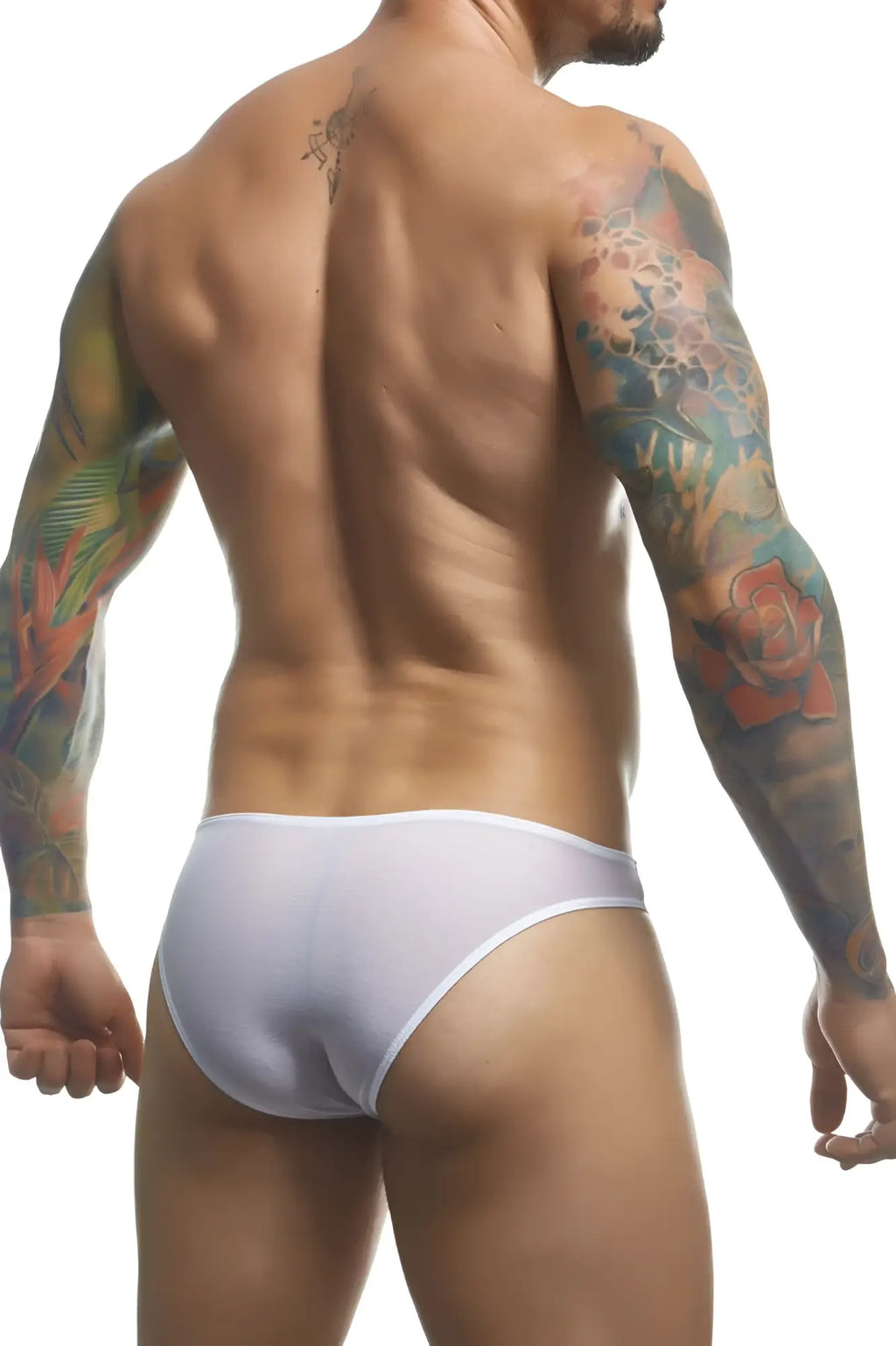 White mesh classic bikini briefs by justin simon in smooth form-fitting design and color white front view