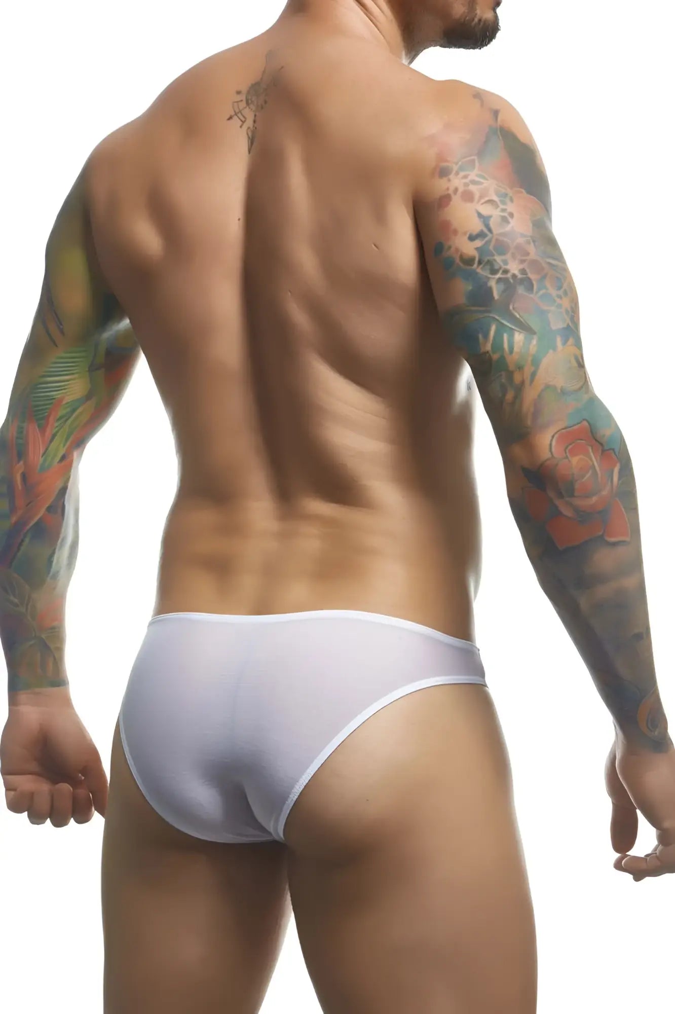 White mesh classic bikini briefs by justin simon in smooth form-fitting design and color white front view