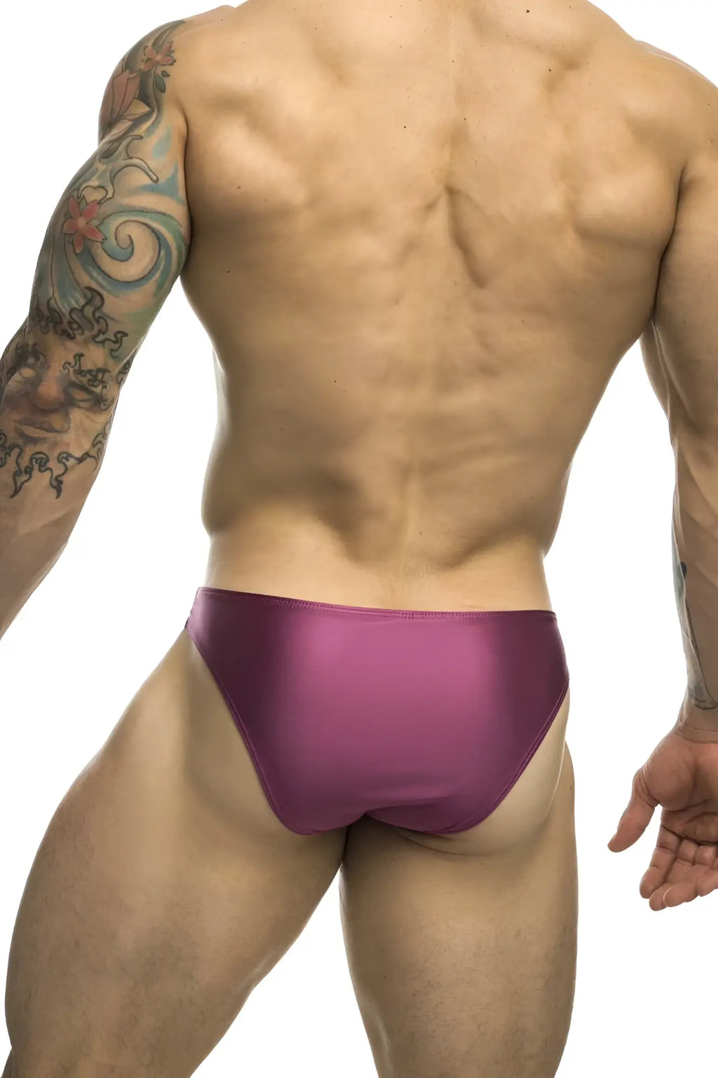 Purple satin briefs classic bikini in wine color by justin simon showcasing smooth satin fabric and comfortable fit