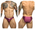 Classic bikini purple satin briefs in wine color with a small white brand tag on the waistband by justin simon