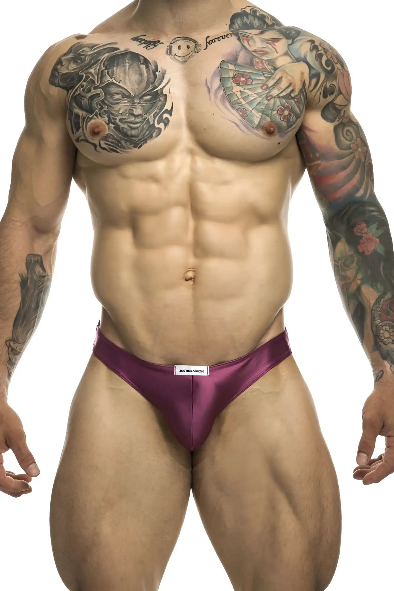 Purple satin briefs with white waistband label in justin simon xsj01 classic bikini color wine style