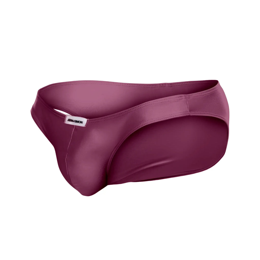 Justin simon xsj01 classic bikini brief in wine color with sleek satin finish and minimalistic glossy design