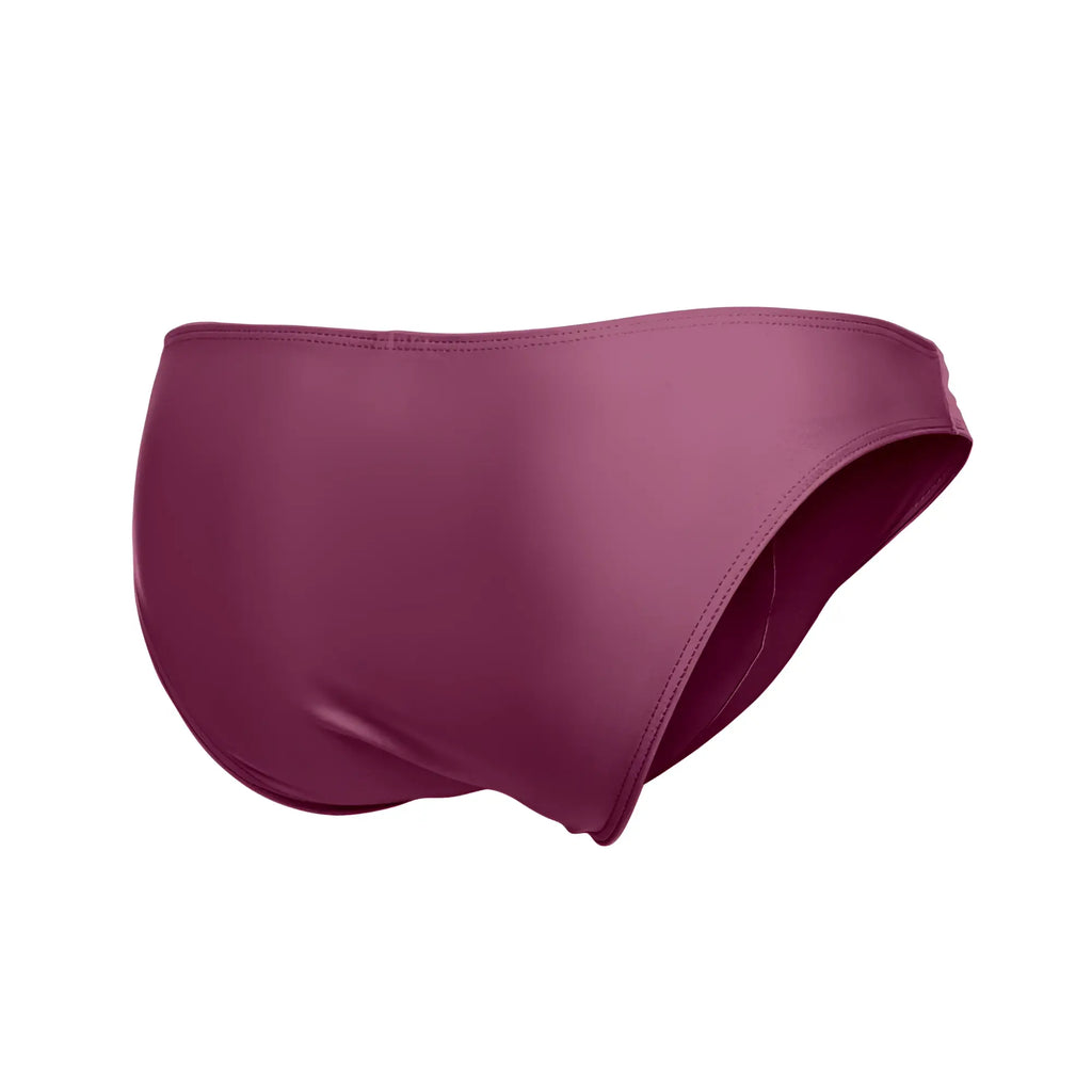 A sleek burgundy satin swim brief with clean stitching from Justin Simon XSJ01 classic bikini color wine collection