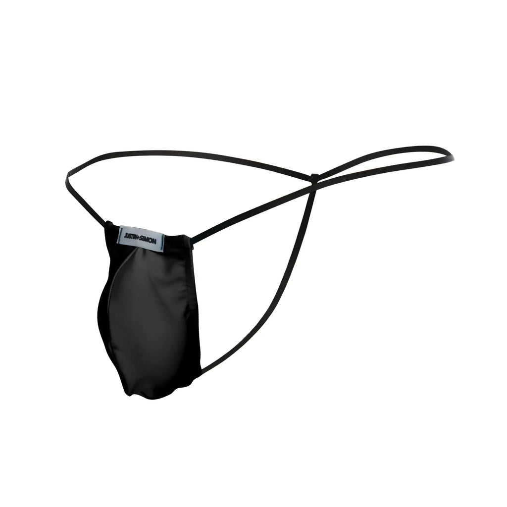 Black satin thong with thin elastic straps and branded label in justin simon xsj02 classic g string bulge color black