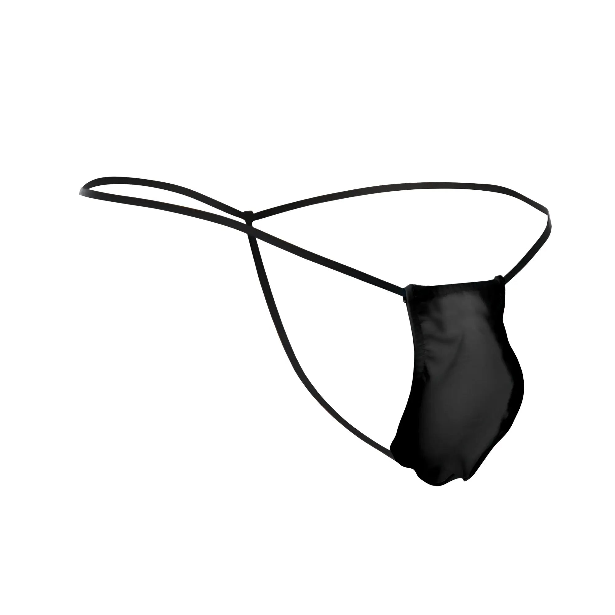 Black satin thong with thin sleek straps from justin simon xsj02 classic g-string bulge in black shown from the back
