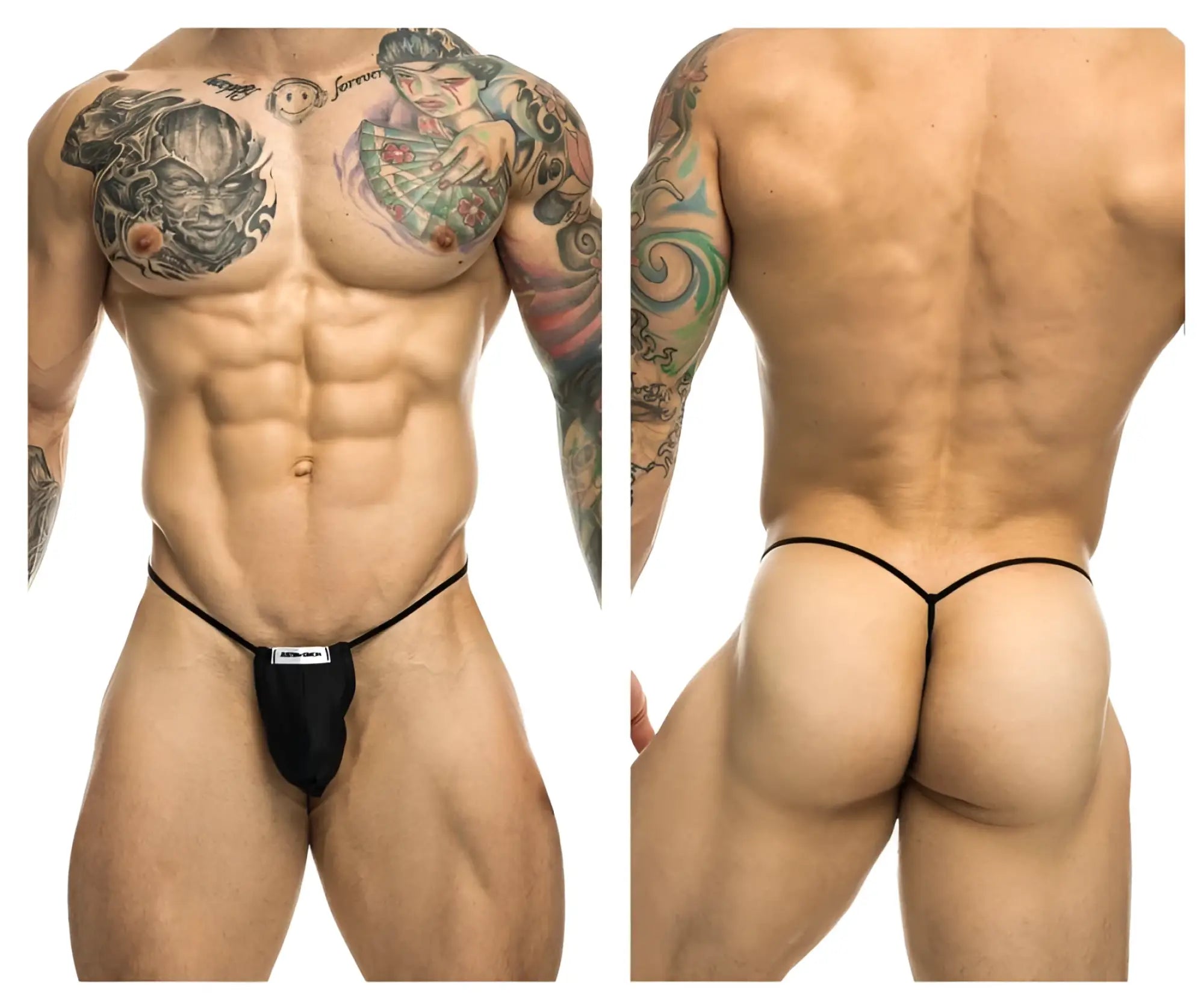 Black classic g-string bulge with thin elastic straps and small white label by justin simon xsj02 model