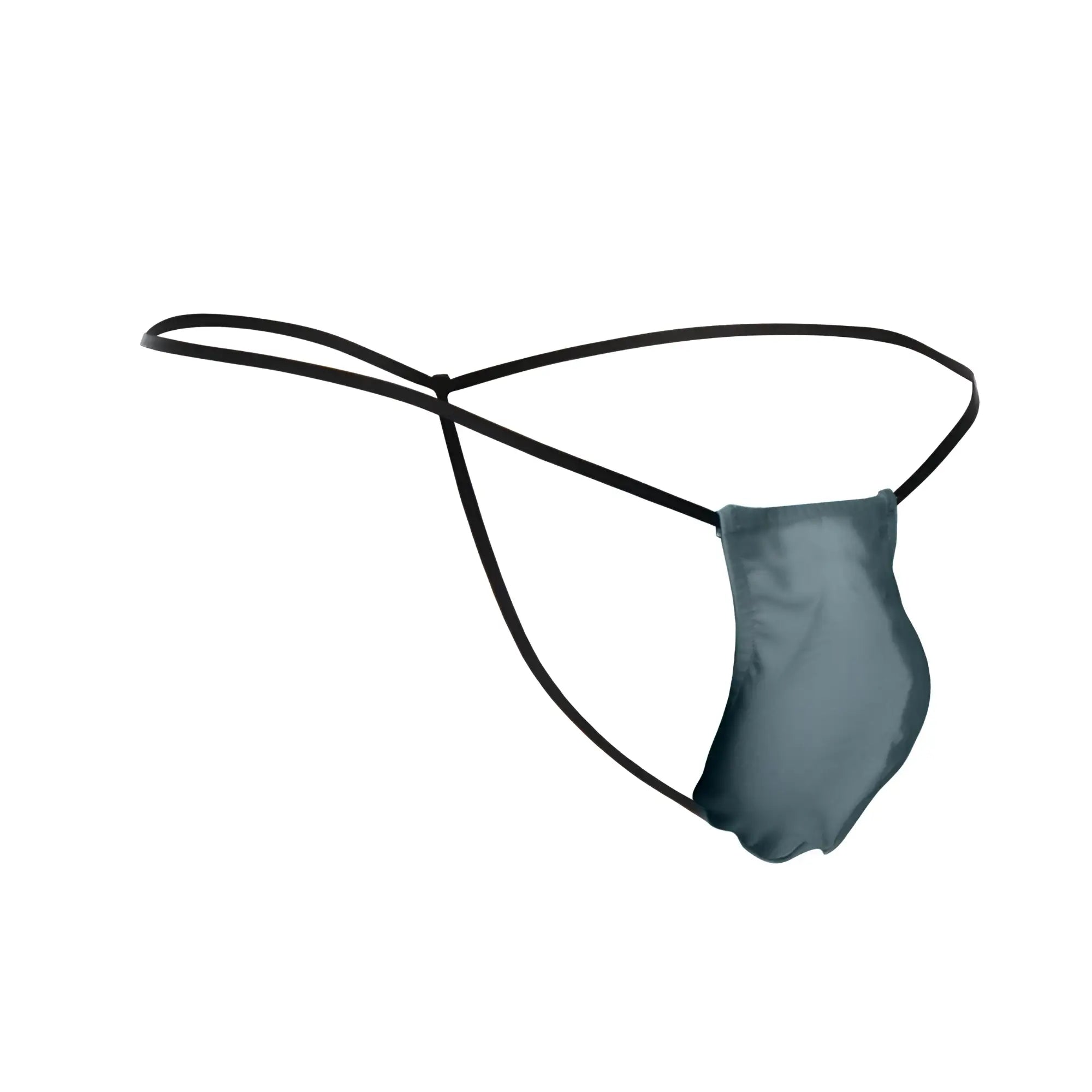 Justin simon classic black satin thong with minimalist design in metal green color showing the back side