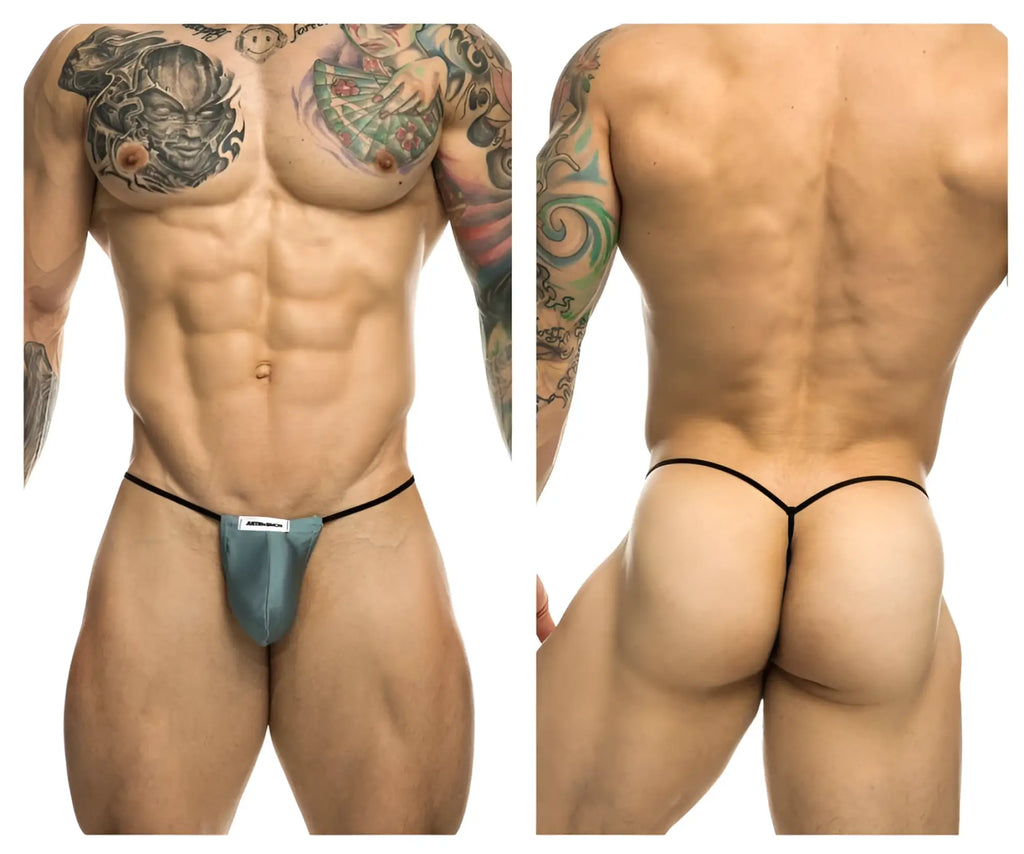 Teal and black athletic briefs with a minimalist design classic g-string bulge in metal green by justin simon