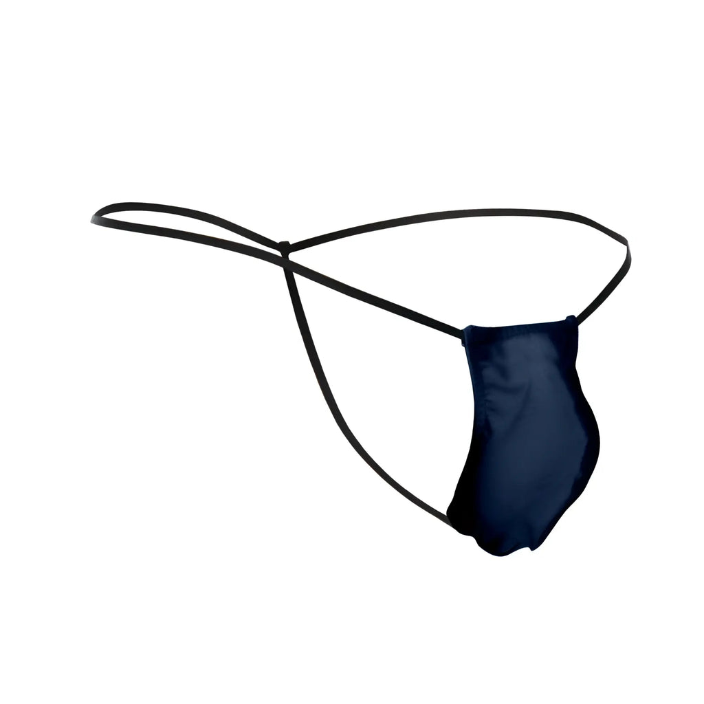 Black satin smooth thong with thin elastic straps by Justin Simon in navy showing the back side of the classic g-string