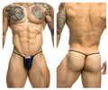 Navy blue JUSTIN SIMON classic G-string bulge brief with black elastic waistband and white brand label