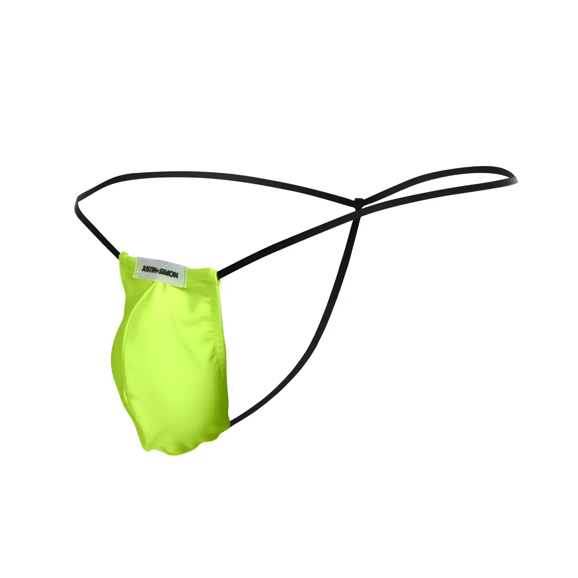 Bright neon green satin thong with black elastic straps and a small white label from justin+simon xsj02 classic g-string bulge
