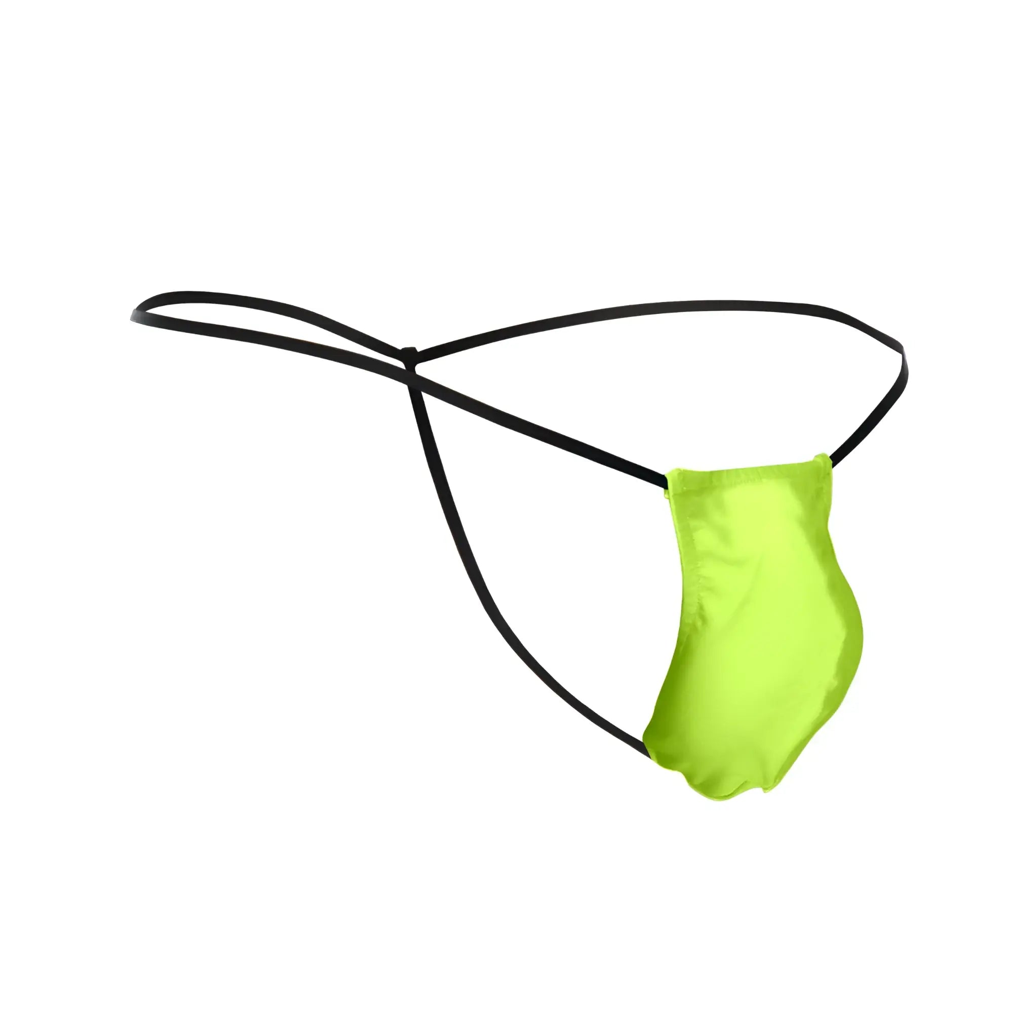 Bright neon green satin thong with black elastic straps from JUSTIN SIMON classic G-string bulge collection