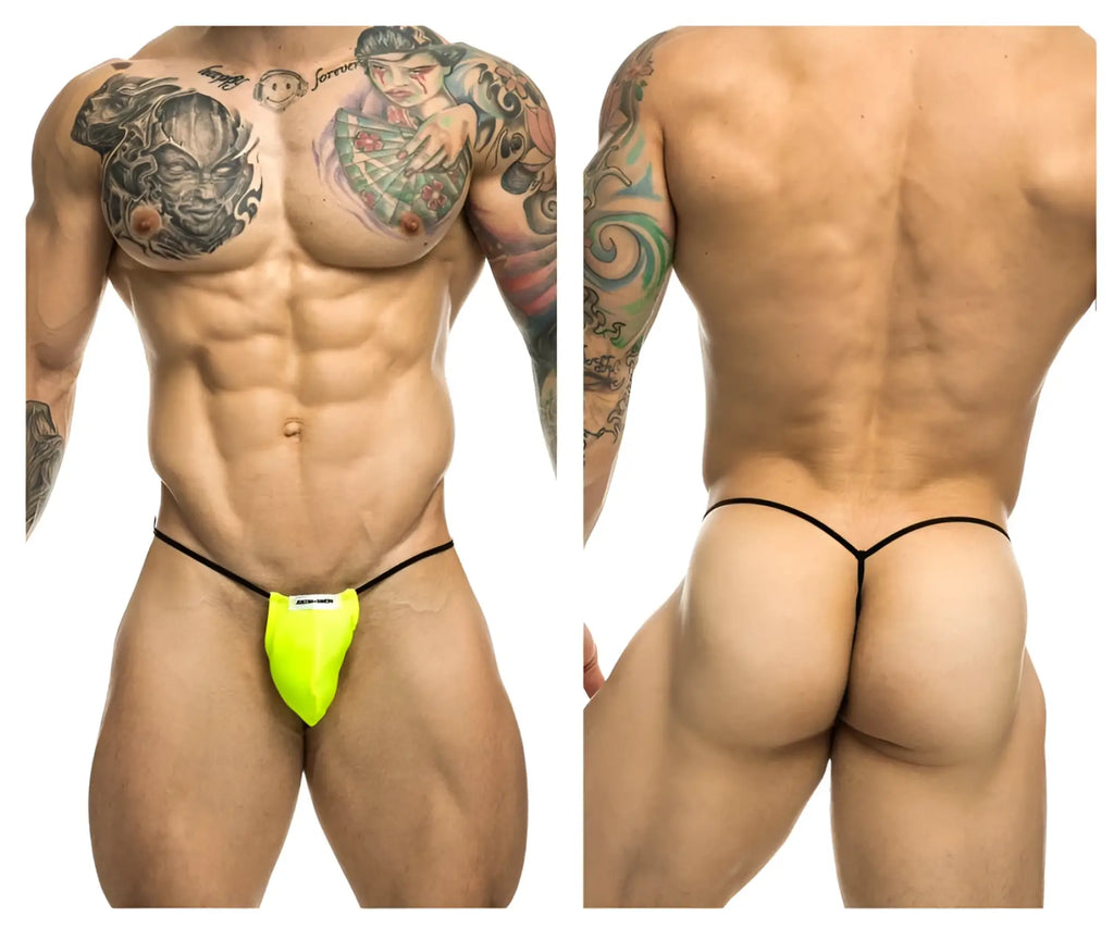 Neon yellow thong with black elastic straps and white brand tag from justin simon xsj02 classic g-string bulge color neon green