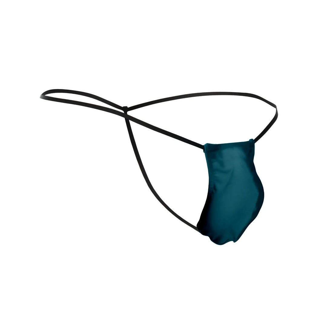 Justin simon classic g-string bulge in teal satin with black elastic straps in opal green color front view