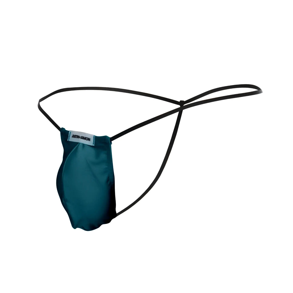 Teal satin thong with black elastic straps and branded label from justin simon classic g-string bulge opal green