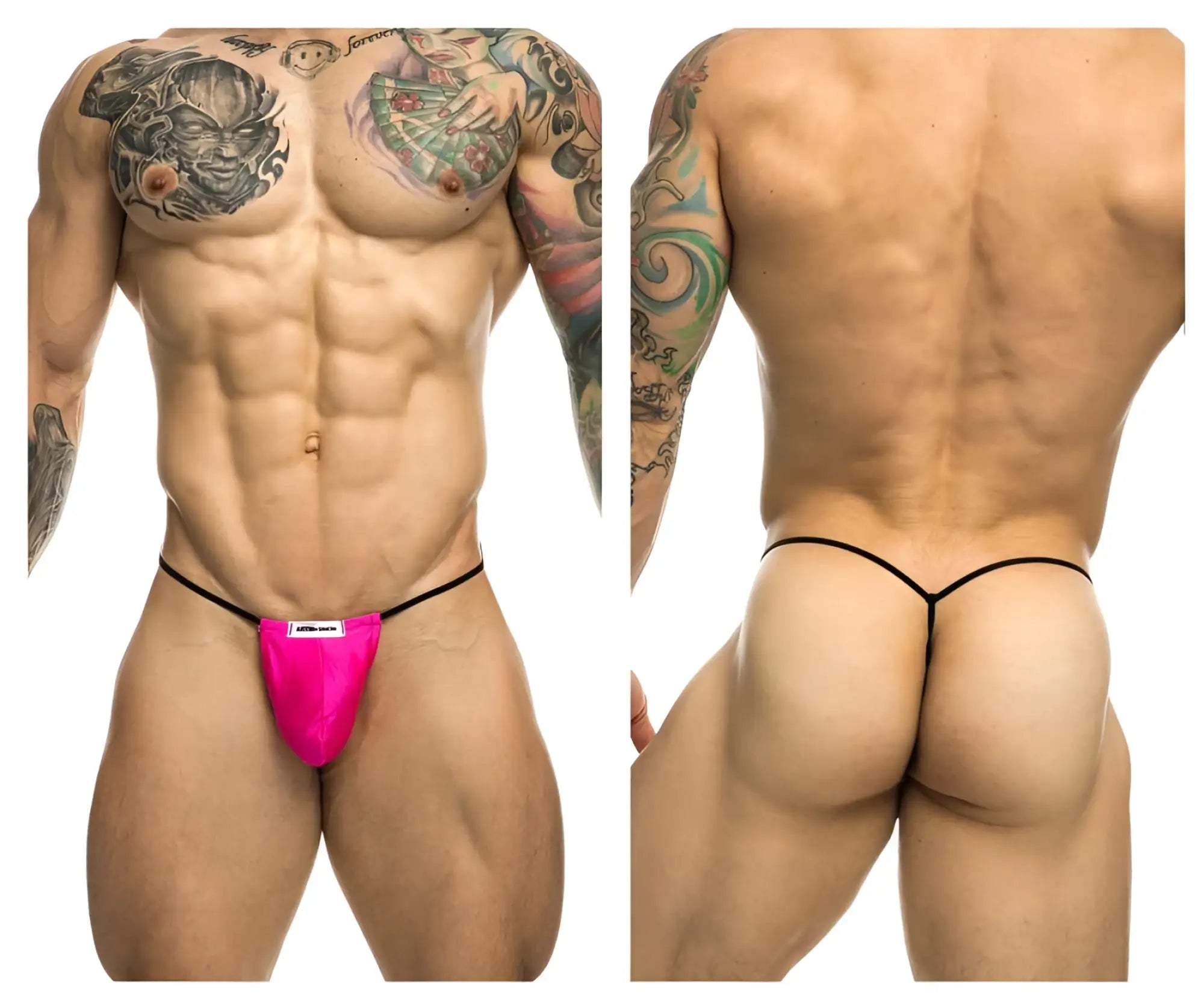 Bright pink justin simon xsj02 classic g-string thong with black trim and white label at the front