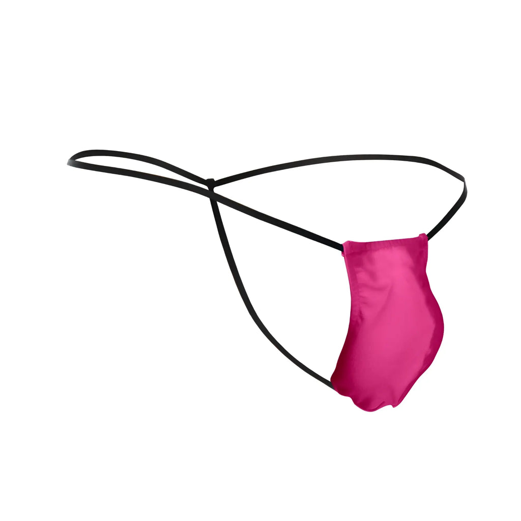 A vibrant fuchsia satin thong with sleek black elastic straps from the JUSTIN+SIMON XSJ02 classic g-string bulge pink collection