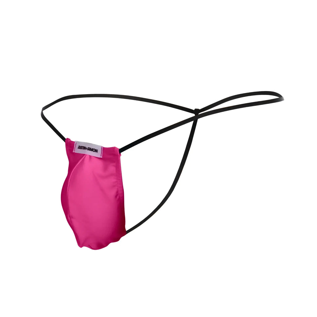 A vibrant pink satin classic g-string with black elastic straps and a white anthony simon label from justin simon
