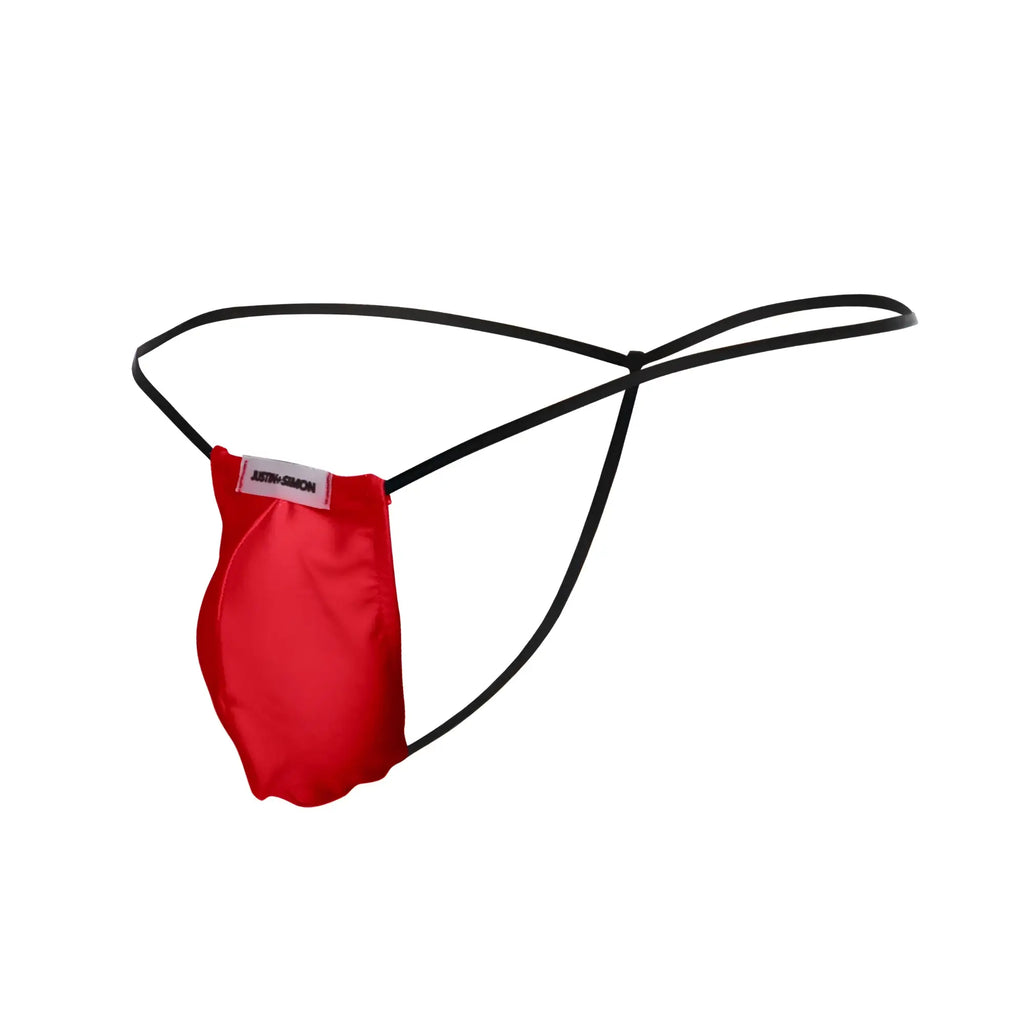 Red satin thong justin simon xsj02 classic g string with black elastic straps and a small white label