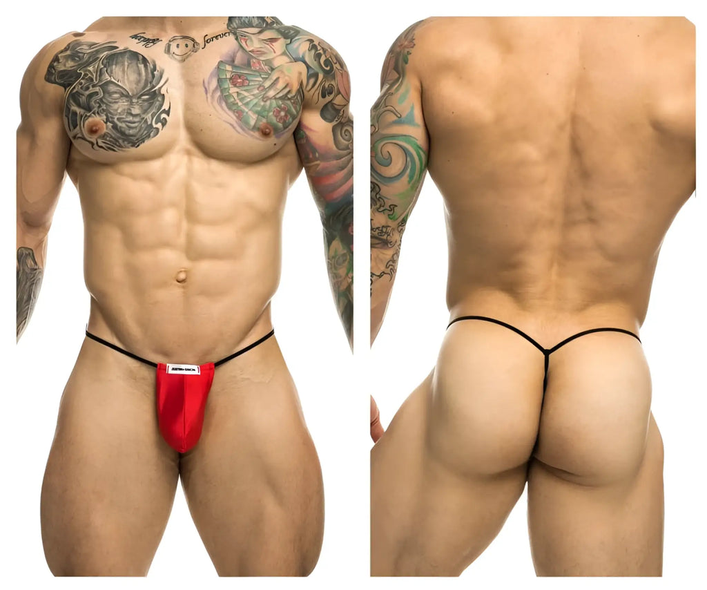 Red thong classic g-string bulge in red with black elastic straps by justin simon shown from the back side