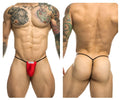Red thong classic g-string bulge in red with black elastic straps by justin simon shown from the back side