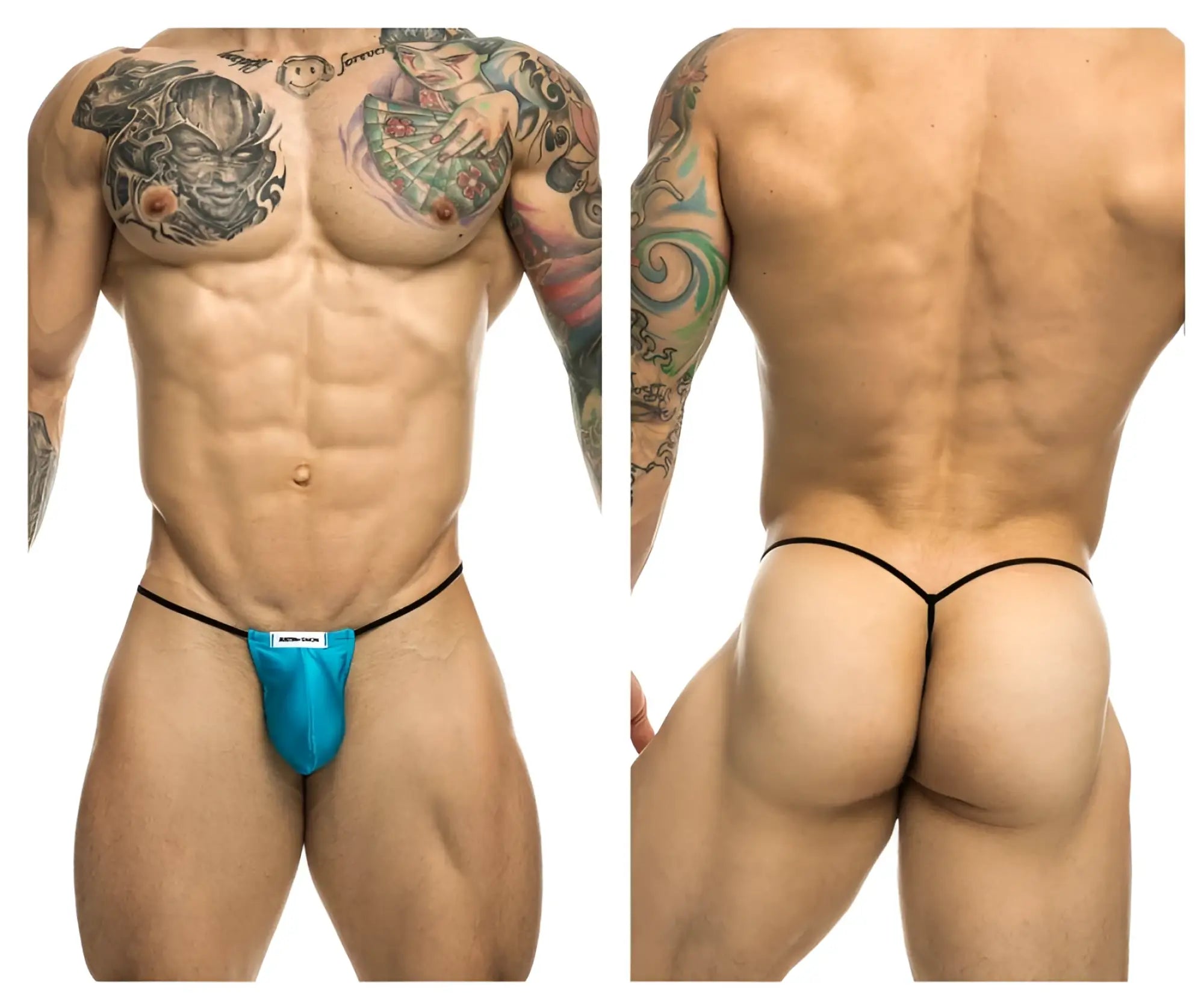 Justin simon xsj02 classic g-string bulge in bright blue thin black string thong with small white label in front