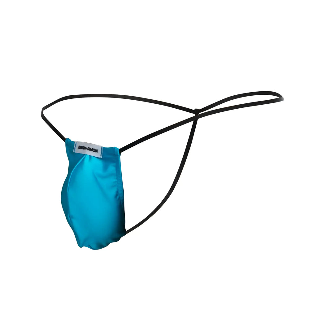 A vibrant turquoise satin thong with black elastic straps and a justin simon branded label classic g-string design