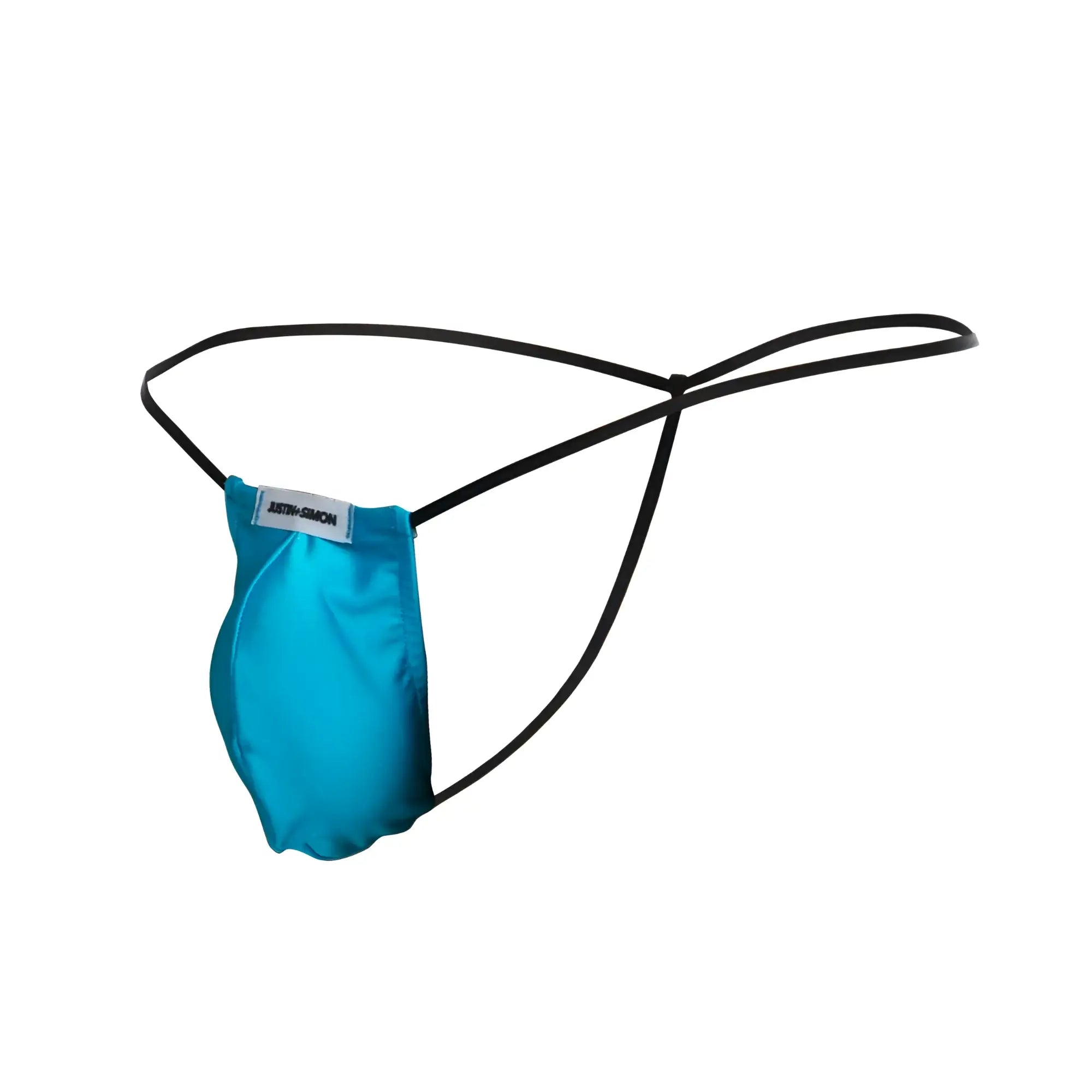 A vibrant turquoise satin thong with black elastic straps and a justin simon branded label classic g-string design