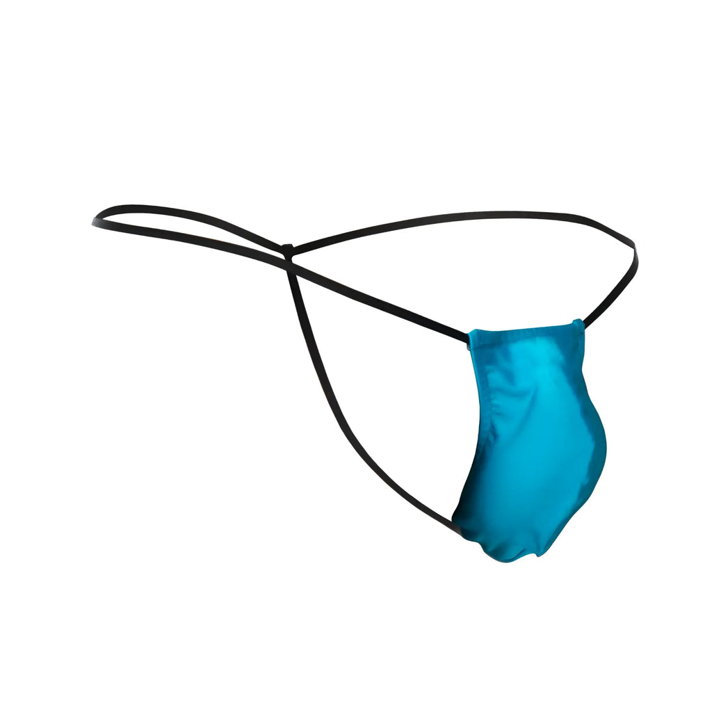 A vibrant turquoise satin thong with sleek black elastic straps from justin simon xsj02 classic g-string bulge collection