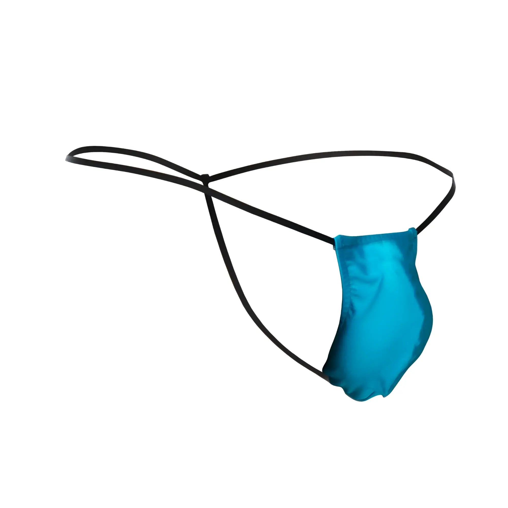 A vibrant turquoise satin thong with sleek black elastic straps from justin simon xsj02 classic g-string bulge collection