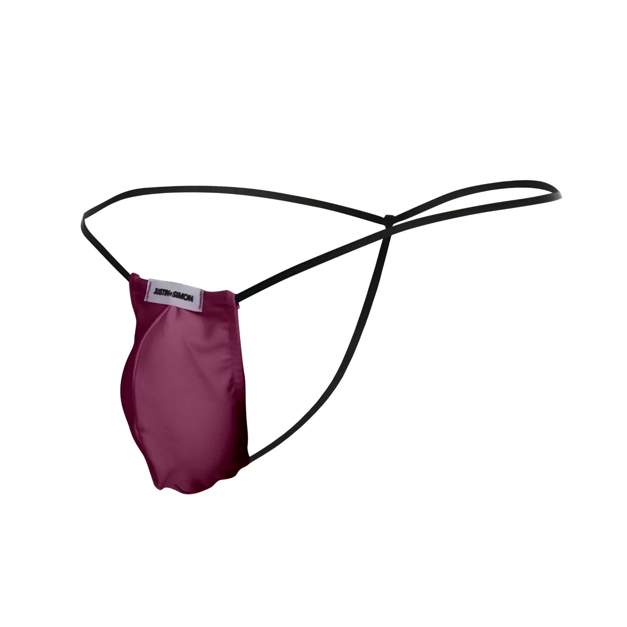 Maroon satin classic g-string bulge with black elastic straps and branded justin simon label in wine color