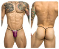 Justin simon xsj02 classic g-string bulge in wine purple satin thong with black elastic trim and white brand tag