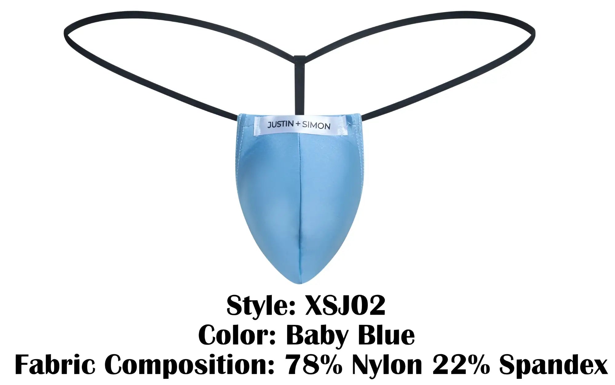 Baby blue justin + simon xsj02 classic g-string thong made of 78% nylon and 22% spandex shown from the back