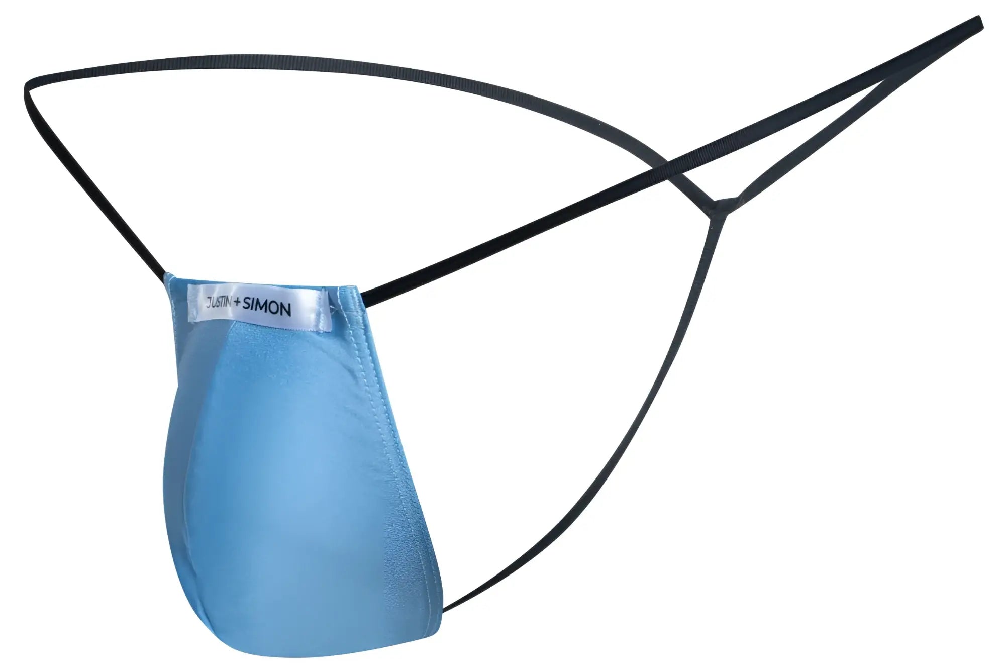 Light blue satin classic g-string thong with black elastic straps and silver tush plus simon label by justin plus simon