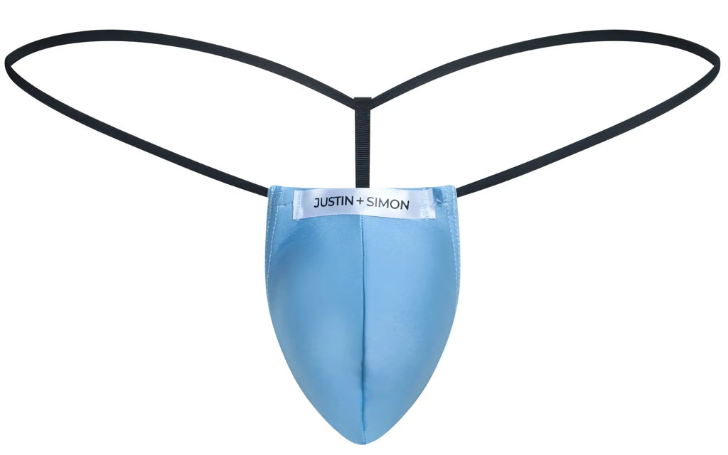 Light blue sleek form-fitting thong with black elastic straps from JUSTIN SIMON classic G-string collection