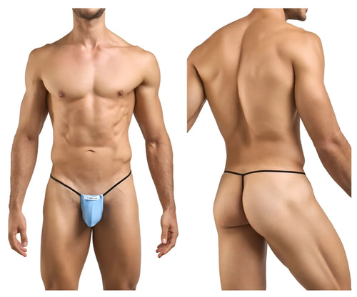 Justin simon xsj02 classic g-string baby blue thin-strap thong with black elastic bands and small white logo on front