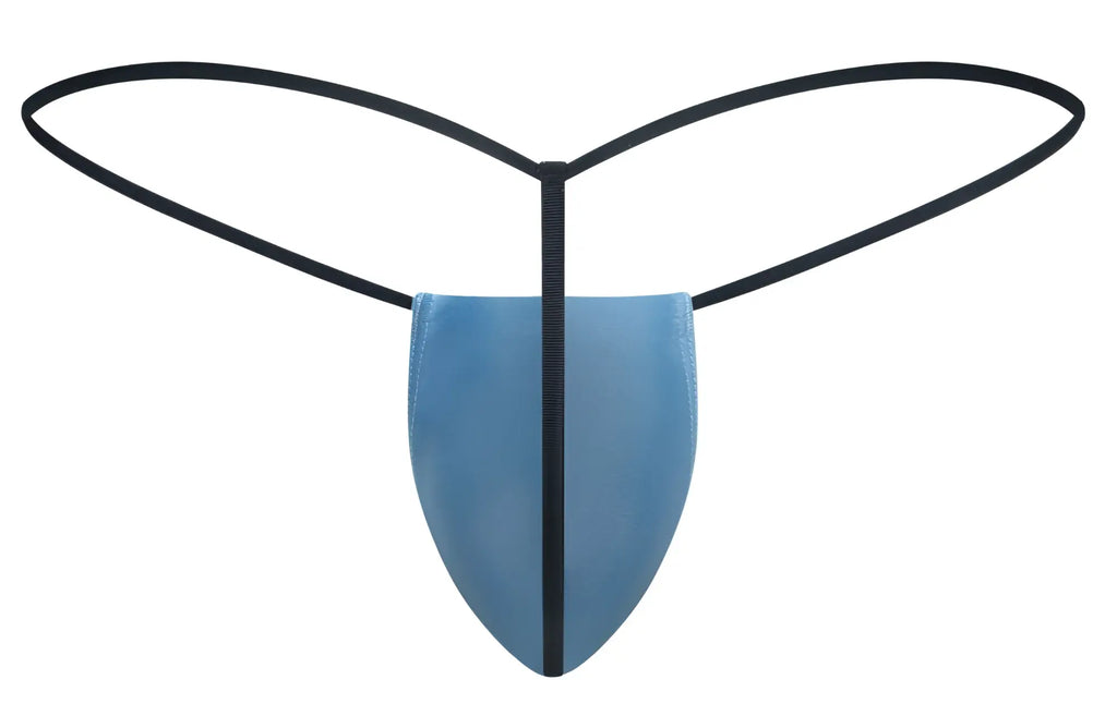 Blue thong with black elastic bands and central seam from justin simon xsj02 classic g string in baby blue